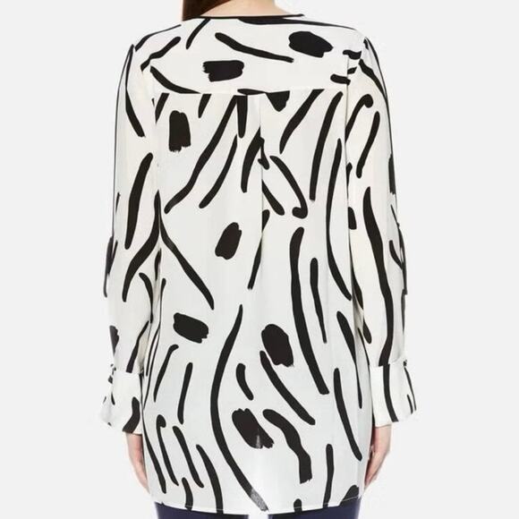 Diane Von Furstenberg DVF 100% Silk Printed Slit Sleeve Blouse Black White Sz 6 - Picture 3 of 14